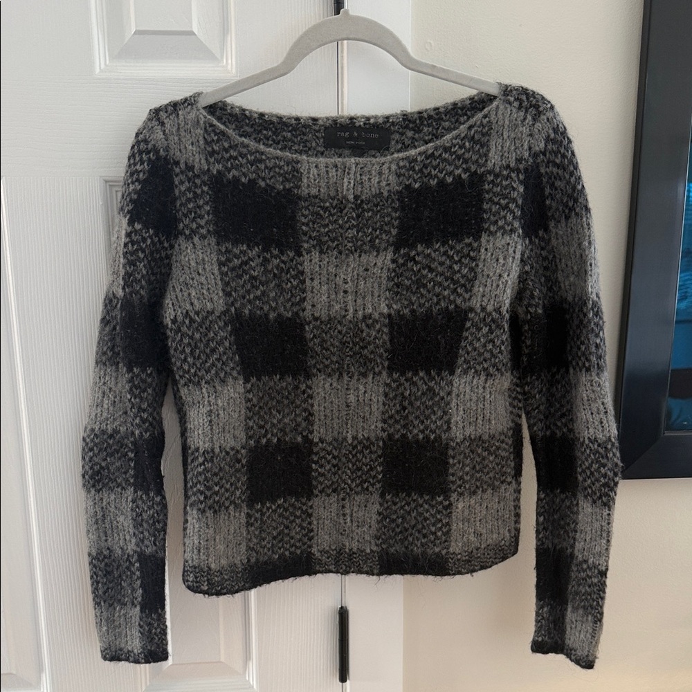 rag & bone Black and Gray Plaid Wool Sweater